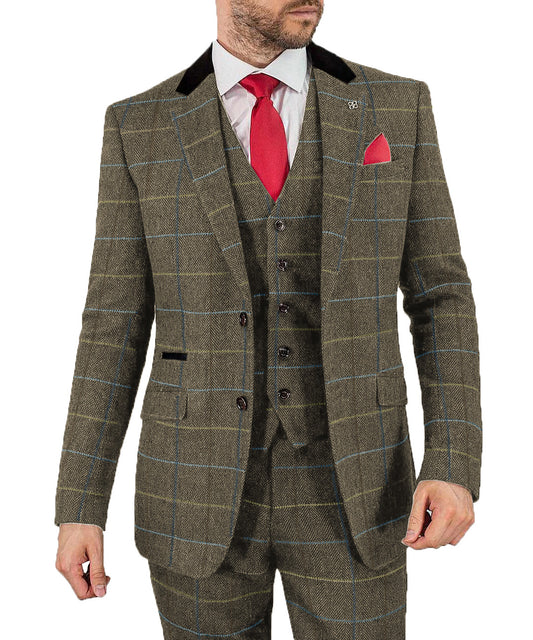 MoranX Men's Suit Regular Fit 3 Piece Wool Checked Tweed Wedding Menswear