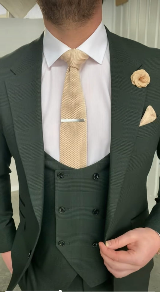 MoranX Men's Suits Hunt Green Checked Double Breasted Tuxedos