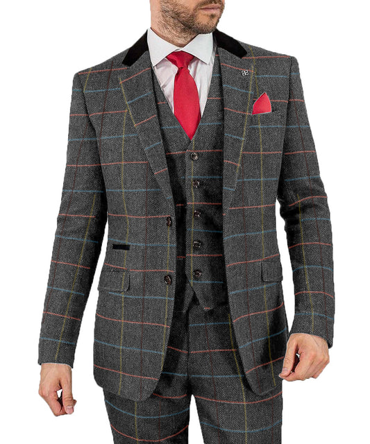 MoranX Men's Suit Regular Fit 3 Piece Wool Checked Tweed Wedding Menswear