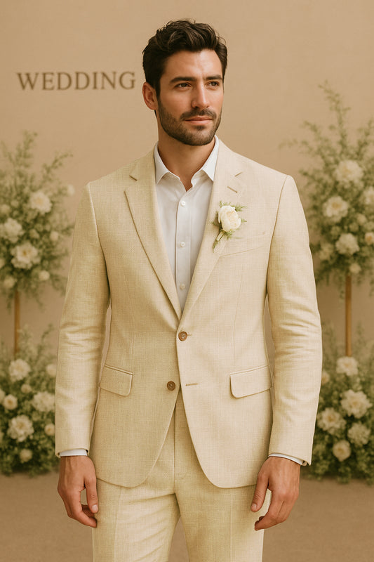MoranX Beige Men's Suit 2 Piece Lightweight Summer 100% Linen Wedding Suits