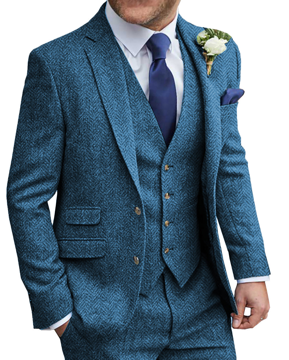 MoranX Men's Suit 3 Piece Wool Tweed Wedding