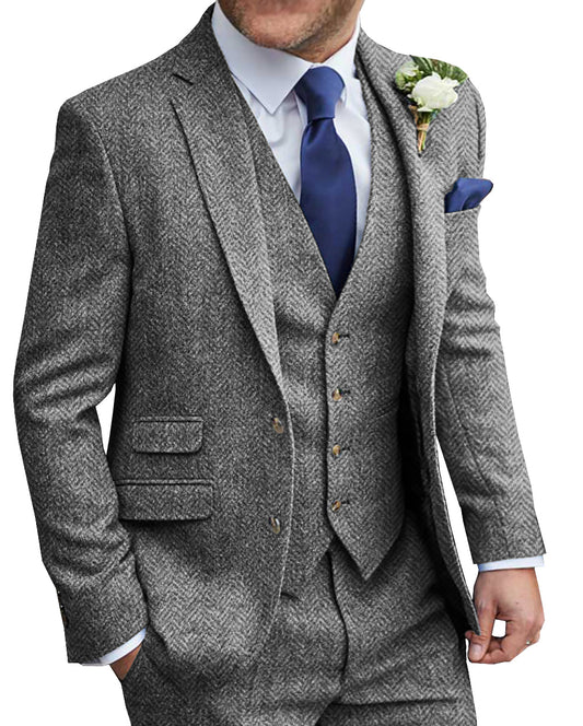 MoranX Men's Suit 3 Piece Wool Tweed Wedding