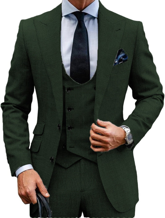 MoranX Men's Suits Hunt Green Checked Double Breasted Tuxedos
