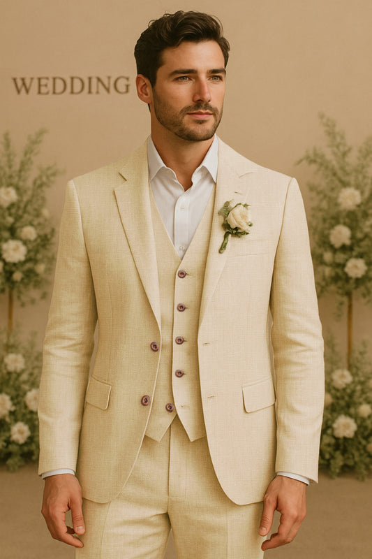 MoranX Men Suit 3 Piece Regular Fit Lightweight Summer 100% Linen Wedding Suits