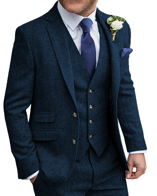 MoranX Men's Suit 3 Piece Wool Tweed Wedding