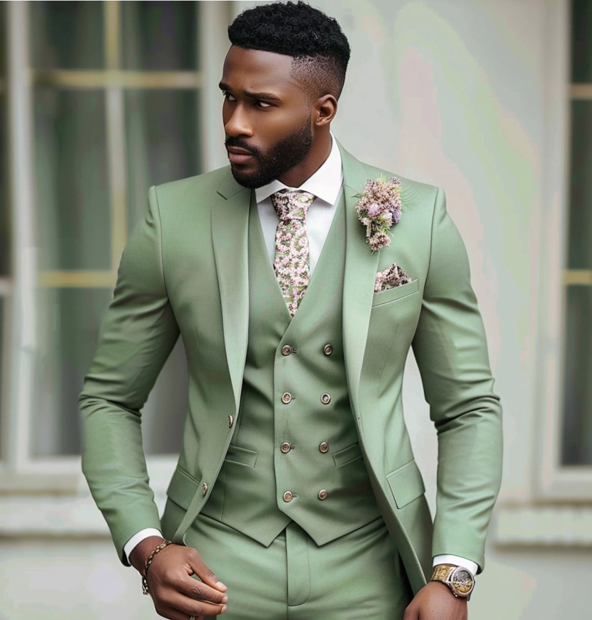 Men's Suits Regular Fit 3 pieces Double Breasted Casual Wedding Sage Green