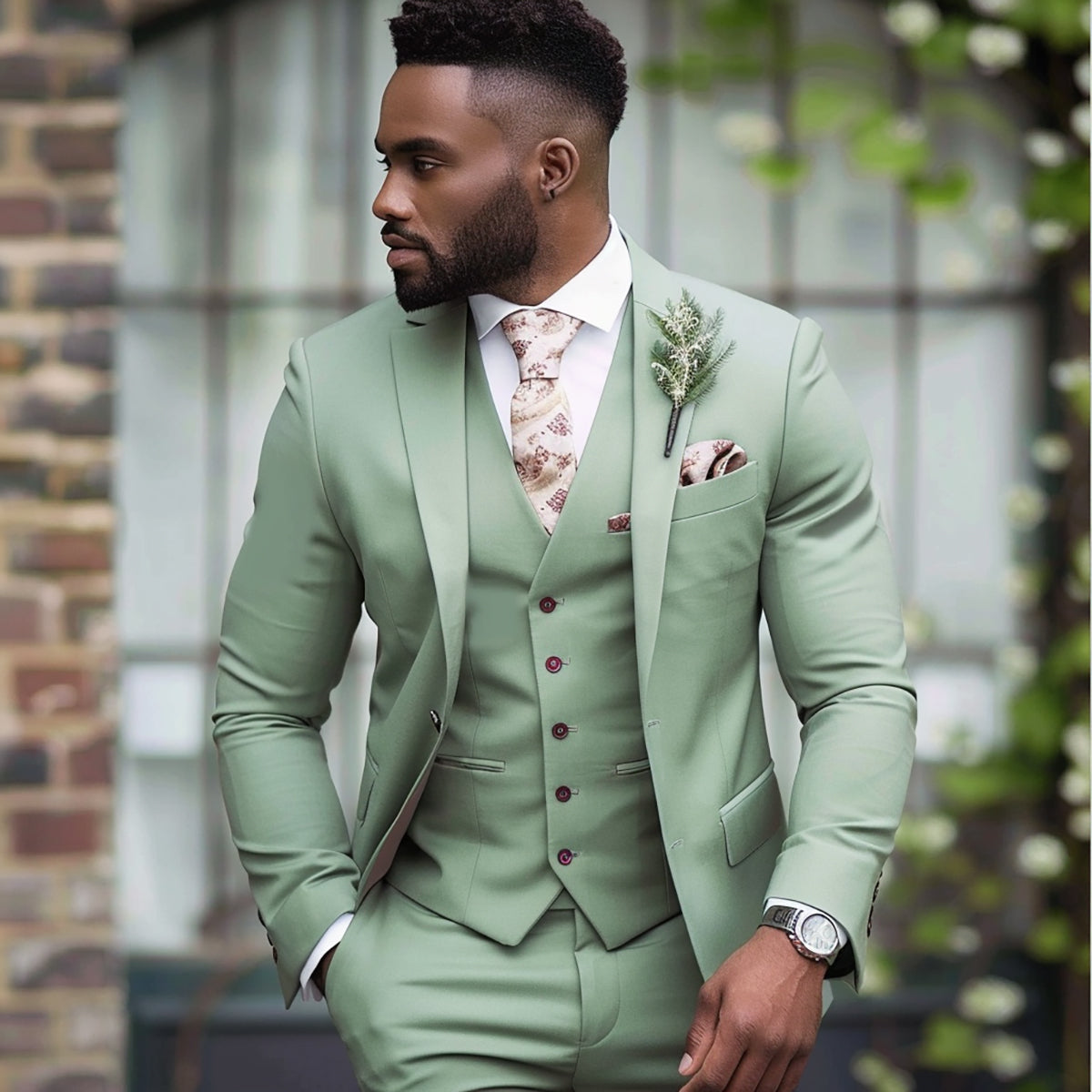 Men's Suits Three-Piece Slim Fit Casual Sage Green for Wedding