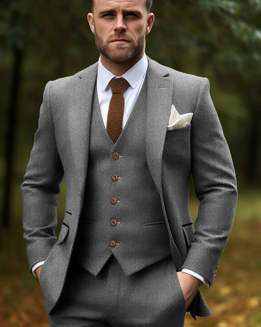 3 Pieces Men Suits Classic Fit Tuxedo Tweed Herringbone Party