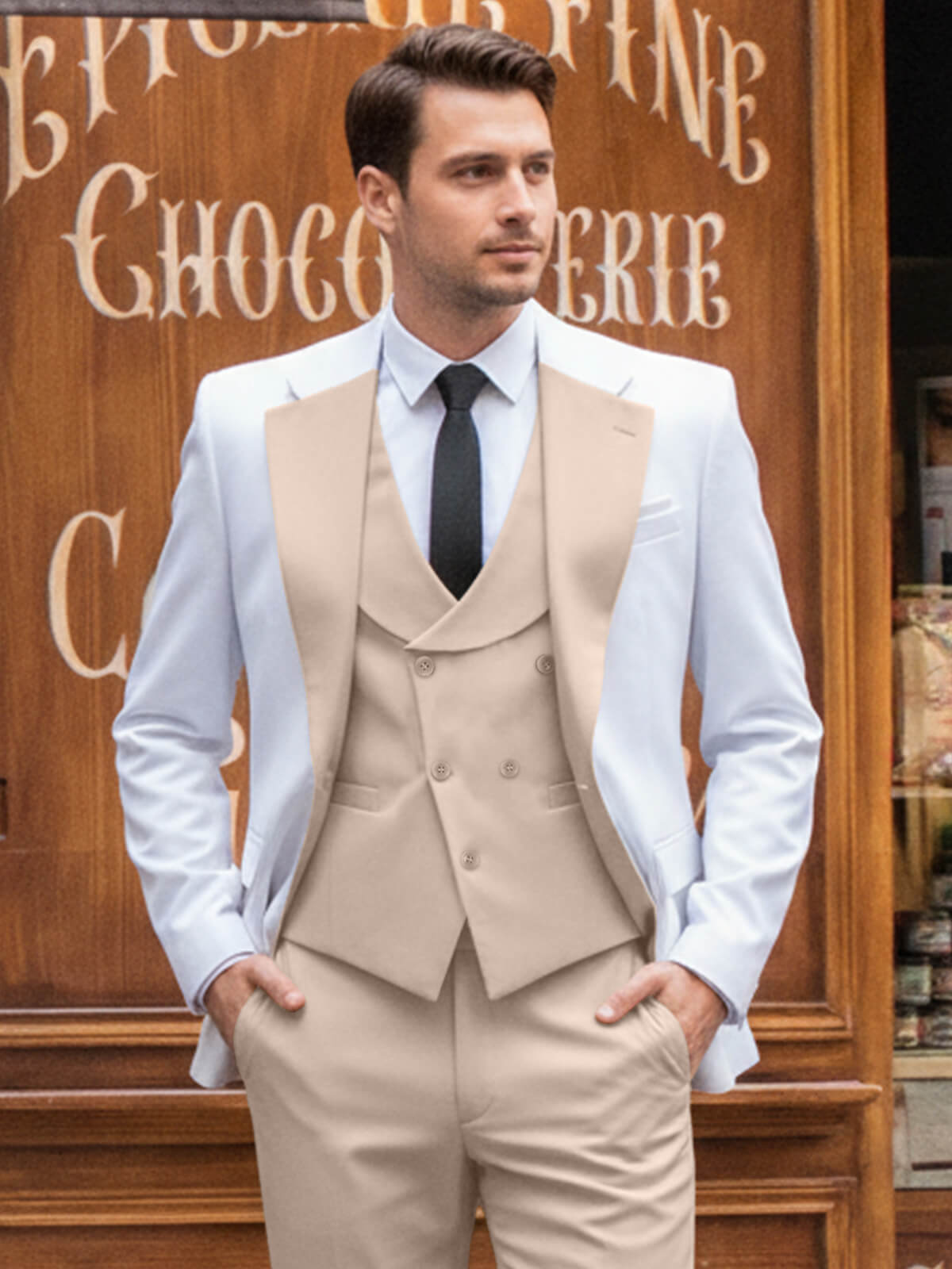Men's Slim Fit 3-Piece Suits Contrast Neckline