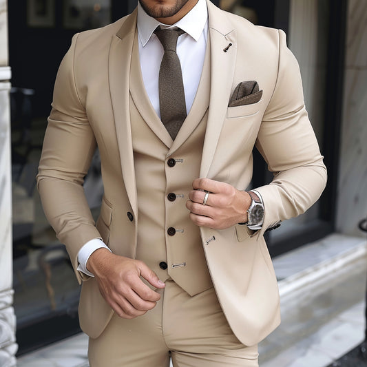 Formal Beige Men Suits 3 pieces Slim Fit Blazer+Vest+Pants