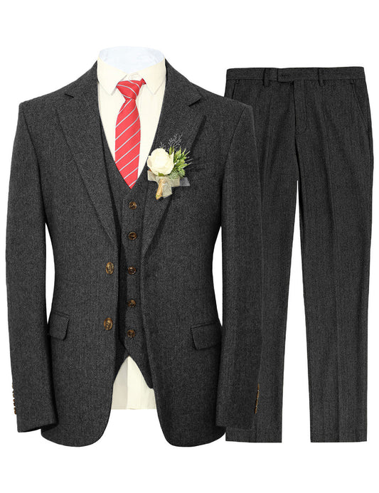 MoranX Classic Men's Suits 3 Piece Slim Fit Tweed Wool Wedding 1920s British Style Black