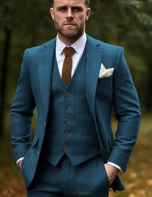 MoranX Tailored Men's Suits Regular Fit Wool Tweed Blue Blazer Wedding Party