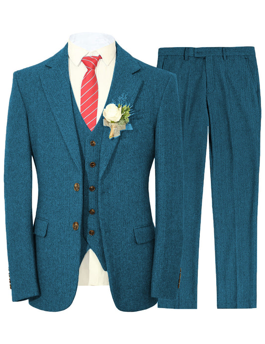 MoranX Tailored Men's Suits Regular Fit Wool Tweed Blue Blazer Wedding Party