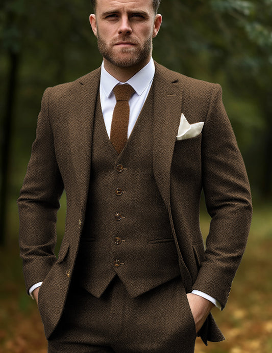 MoranX Brown Tweed Tailored Men Three Piece Suit