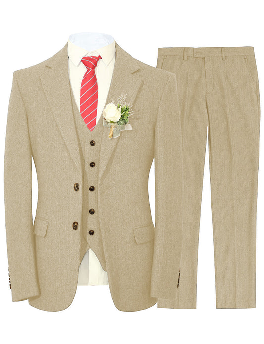 MoranX Men Suit Tweed Champagne Wedding Three Piece Slim Fit