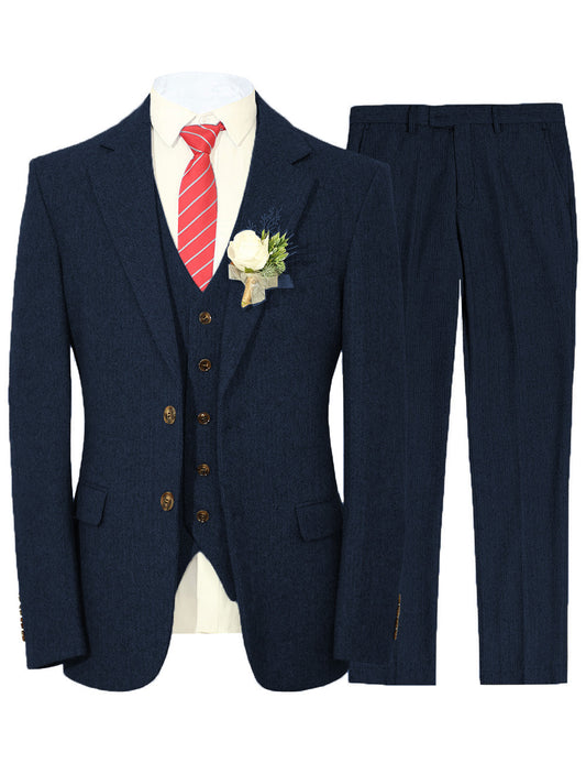 MoranX Vintage Navy Tweed Men Suit Three Piece Regular Fit Jacket