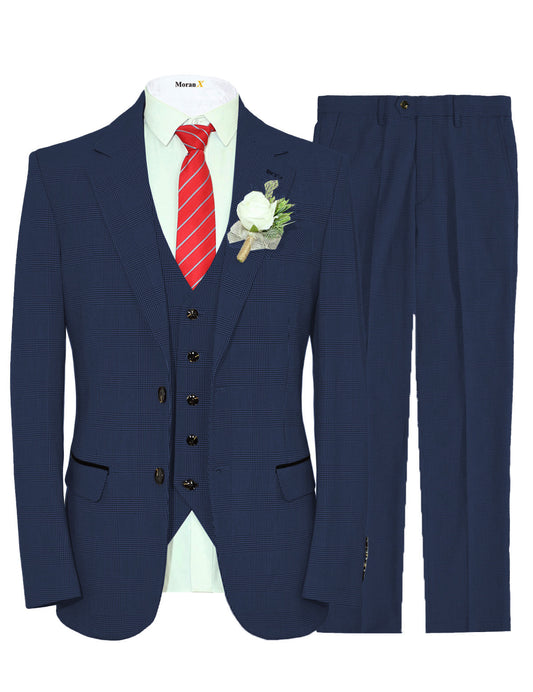 MoranX Classic Slim Fit  Navy Plaid Wool Men's Wedding Suits