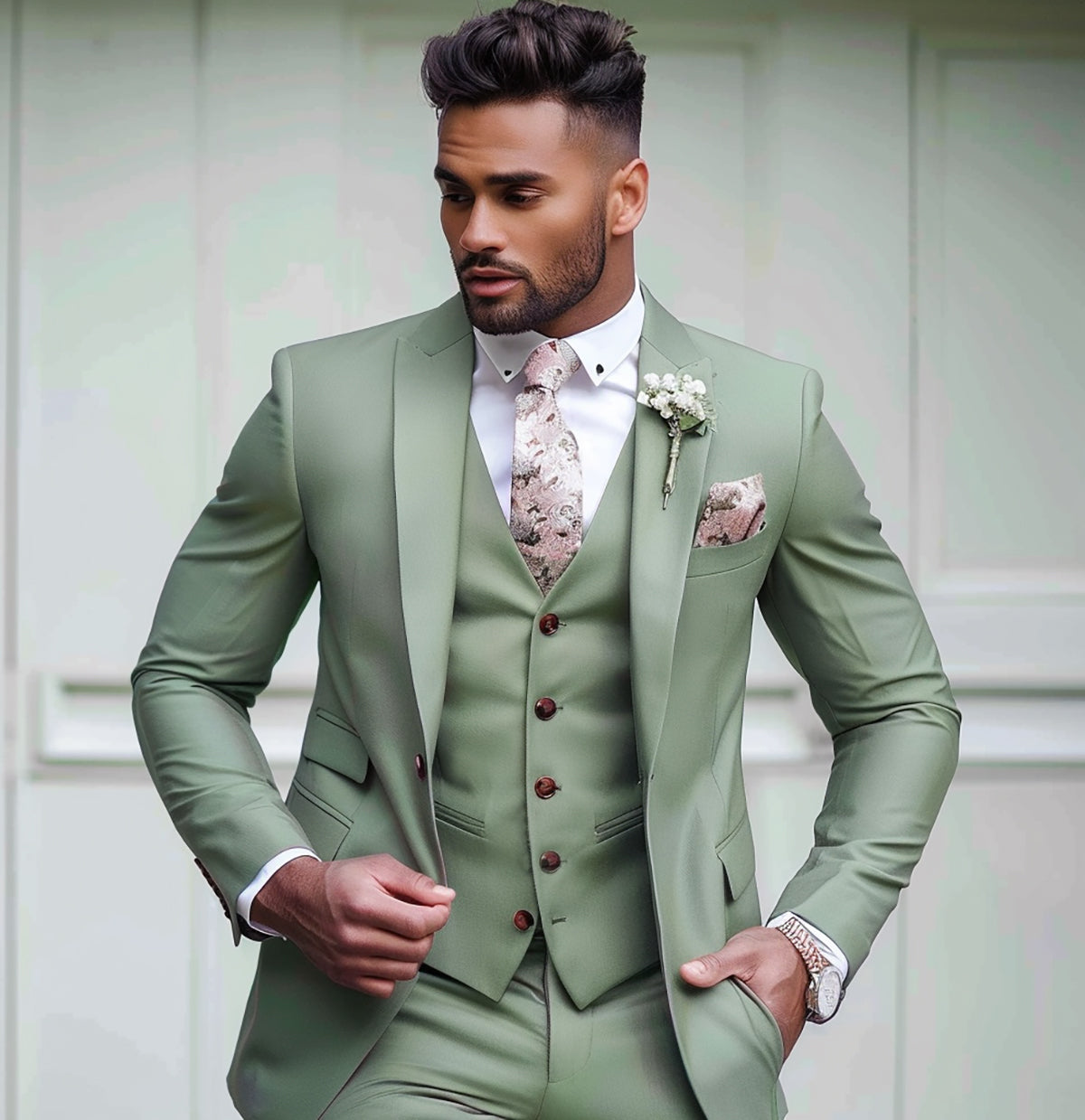 Sage Green Men Suits 3 pieces Casual  For Prom Slim Fit