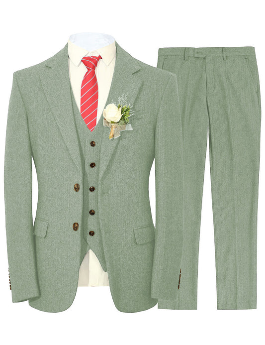 MoranX Sage Green Tweed Men Suit Three Piece Slim Fit Wedding Grooms