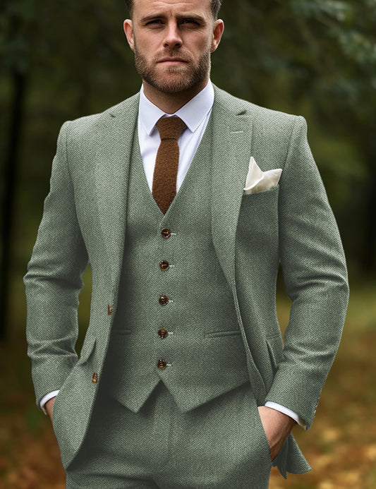 MoranX Sage Green Tweed Men Suit Three Piece Slim Fit Wedding Grooms