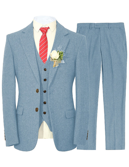 MoranX Fashion Sky Blue Tweed Men Suit Three Piece Slim Fit Wedding