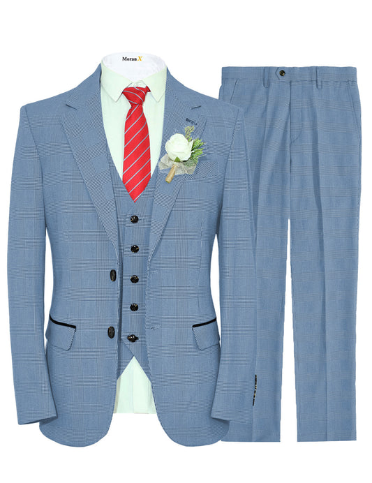 MoranX Men's Suits Slim Fit 3 Piece Sky Blue Checked Wool