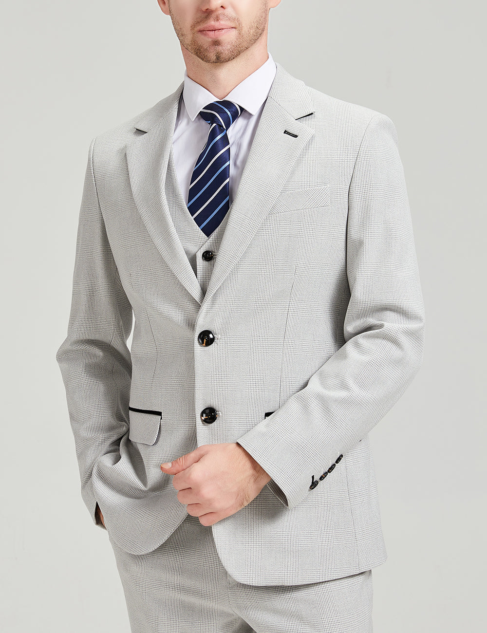 MoranX Fashion Wool Checked Men's Suit Stone White Wedding