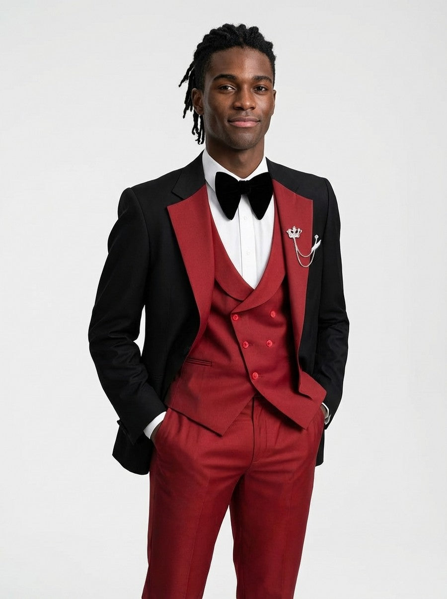 Men's 3 Piece Suit Slim Fit Tuxedo Style Contrast Lapel